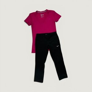 Nike Bundle Activewear Set Womens XS Pink V-Neck Top Black Cropped Leggings 2pc